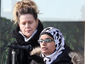 Aruba Mahmud speaks at city hall in February during a solidarity rally against Islamaphobia. Stephanie Ferrera with the Sarnia Lambton Local Immigration Partnership looks on. Mahmud is one of three panelists tackling diversity in Sarnia at a Sarnia Speaks forum July 26. Tyler Kula/Sarnia Observer/Postmedia Network