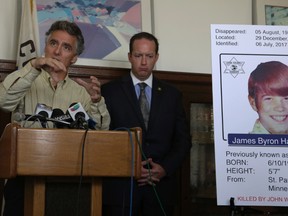 Cook County Sheriff Tom Dart, left, speaks at a news conference in Chicago, Wednesday, July 19, 2017, where he announced the identity of James Byron Haakenson as one of the victims of serial killer John Wayne Gacy. (AP Photo/G-Jun Yam)