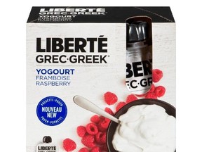 Liberte Greek yogurt is seen in this undated handout photo. The Canadian Food Inspection Agency has added the Yoplait Minigo and Liberte brands of yogurt to a recall over concerns that pieces of plastic may be in the product. THE CANADIAN PRESS/HO, General Mills Canada Corp.