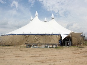 The Railway City Big Top is almost ready to go for this Saturday’s Ron James show. Sean Dyke, general manager of the St. Thomas Economic Development Corporation, said he’s confident everything will be ready on time. (Laura Broadley/Times-Journal)