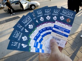 Toronto Maple Leafs tickets from 2005 are shown. Maple Leaf Sports and Entertainment, owners of the Leafs and the NBA’s Raptors, has begun considering a move to e-tickets, however, not for this season and thus has no potential change in prices to print tickets to discuss at present. (TORONTO SUN/FILES)