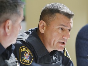 Belleville Police Chief Ron Gignac, right, addresses the Belleville Police Services Board Thursday, July 20, 2017 at city hall in Belleville, Ont. He's embedding with the crew of HMCS Ottawa for eight days starting this month. At left is Deputy Chief Mike Callaghan. Luke Hendry/Belleville Intelligencer/Postmedia Network