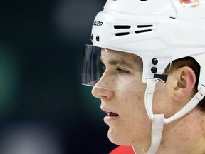 Calgary Flames forward Matthew Tkachuk during practice at the Scotiabank Saddledome in Calgary on April 11, 2017. (Leah Hennel/Postmedia)