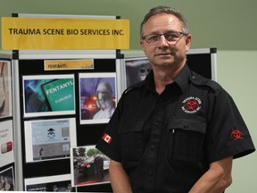 Mike Wiebe, co-owner and general manager of Trauma Scene Bio Services Inc. sits in his office at 22015 Township Road 534 awaiting his next call. His company specializes is crime scene remediation, but Wiebe said the number of fentanyl decontamination calls are growing. CLAIRE THEOBALD/POSTMEDIA