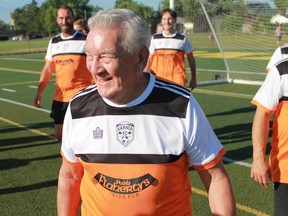 After 74 years of playing the football (soccer), Sarnia FC's Barry Goodwin played his final game at Norm Perry Park on Thursday, July 20. Goodwin is 80. (Carl Hnatyshyn/Postmedia Network)