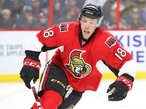 Ryan Dzingel of the Ottawa Senators against the Tampa Bay Lightning during first period of NHL action at Canadian Tire Centre in Ottawa, October 22, 2016. Photo by Jean Levac