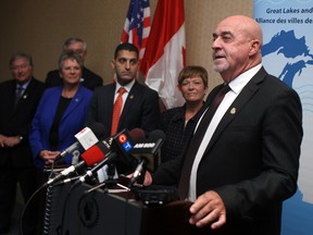 File photo of Keith Hobbs, mayor of Thunder Bay and chair of the Great Lakes and St. Lawrence Cities Initiative, speaking at a press conference announcing $145,000 in funding from the Ontario government to support the groups Municipal Adaptation and Resiliency Service, while at Caesars Windsor, Friday, Jan. 17, 2014. (DAX MELMER/The Windsor Star/files)