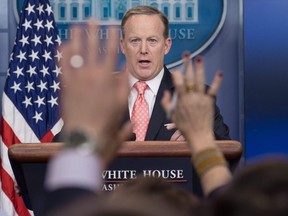 File photo dated June 6, 2017 shows White House spokesman Sean Spicer giving the daily press briefing at the White House in Washington, DC. NICHOLAS KAMM/AFP/Getty Images