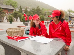 Contestants Andrea, left and Ebonie are pictured in China this handout photo from "The Amazing Race Canada." (Bell Media)