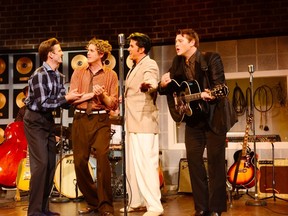 Tyler Check (playing Carl Perkins), Gerrad Everard (Jerry Lee Lewis), Matt Cage (Elvis Presley) and Maxwell Theodore Lebeuf (Johnny Cash) star in the Drayton Entertainment production of Million Dollar Quartet, playing on the Huron Country Playhouse main stage until Aug.5. (John Watson/Special to Postmedia News)
