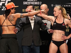 Opponents Amanda Nunes,left, of Brazil and Valentina Shevchenko of Kyrgyzstan face off during the UFC weigh-in at the Park Theater on July 7, 2017 in Las Vegas, Nevada.