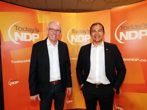 Steve Ashton (left) and Wab Kinew (right) are both vying to become the next leader of the New Democratic Party in Manitoba. A Leadership Canadidate Forum took place in Gimli, Man., on Thursday, July 20, 2017. (Brook Jones/Interlake Spectator/Postmedia Network)