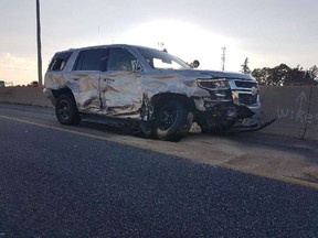 A Hanover couple face charges for allegedly ramming an OPP vehicle while hauling a stolen boat along Hwy. 401 in Cambridge on July 5, 2017. (photo posted by OPP on Twitter)