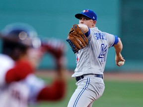 Toronto Blue Jays starting pitcher Aaron Sanchez delivers during the first inning of a baseball game against the Boston Red Sox at Fenway Park in Boston on July 19, 2017. (AP Photo/Charles Krupa)