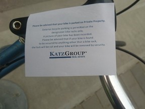 A note left stuck to a bicycle parked in front of Edmonton Tower Thursday evening. Twitter/@lisainpublic