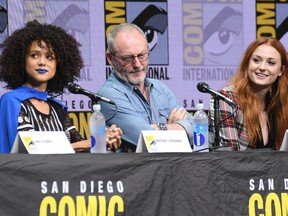 Nathalie Emmanuel, from left, Liam Cunningham, and Sophie Turner attend the ‘Game of Thrones’ panel on day two of Comic-Con International on Friday, July 21, 2017, in San Diego. (Al Powers/Invision/AP)