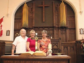 From the left, Reverend of the First Presbyterian Church in Seaforth Dwight Nelson and the church’s Dream Team group-Dale Ann McKichan and Pam Soontiens. Absent from the photo is the other Dream Team members, John McKichan and Jim Bannerman. (Shaun Gregory/Huron Expositor)