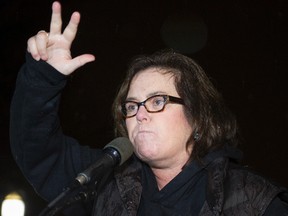 In this Feb. 28, 2017, file photo, Rosie O'Donnell speaks at a rally calling for resistance to President Donald Trump in Lafayette Park in front of the White House in Washington, prior the president's address to a joint session of Congress. Conservative blogs are criticizing O'Donnell after she tweeted a link to an online game July 15, 2017, where players can lead President Donald Trump off a cliff. (AP Photo/Cliff Owen, File)