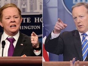 Melissa McCarthy as Sean Spicer on Saturday Night Live, and recently resigned White House Press Secretary Sean Spicer. (NBC/Getty Images)