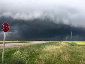 Storm clouds spotted near Miniota at 9:24 p.m., on Friday, July 21, 2017, near the Manitoba-Saskatchewan border. Matt Desorcy/twitter.com@lovestormsMB