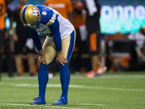 Winnipeg Blue Bombers' kicker Justin Medlock reacts after missing a field goal attempt that would have tied the game on the final play against the B.C. Lions during the second half of a CFL football game in Vancouver, B.C., on Friday July 21, 2017. B.C. won 45-42. THE CANADIAN PRESS/Darryl Dyck