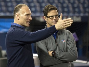 Toronto baseball boss Mark Shapiro with GM Ross Atkins before the start of the game as the Blue Jays host the Cleveland Indians for Game 4 of the ALCS in Toronto, Ont. on Tuesday October 18, 2016. (Craig Robertson/Toronto Sun/Postmedia Network)