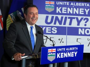 Jason Kenney announces the result of the unity vote by Alberta PC's who voted 95% in favour of united with the Wildrose Party. The results were announced in Calgary on Saturday July 22, 2017. Gavin Young/Postmedia Network