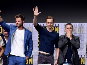 (L-R) Actors Chris Hemsworth, Tom Hiddleston and Mark Ruffalo attend the Marvel Studios 'Thor: Ragnarok' Presentation during Comic-Con International 2017 at San Diego Convention Center on July 22, 2017 in San Diego, California. (Photo by Kevin Winter/Getty Images)