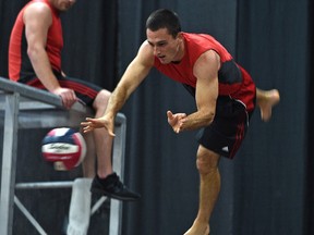 Trampolinist Sean Kennedy of Filppenout Productions putting on a trampoline performance at K-Days in Edmonton, July 22, 2017.