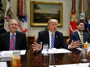 In this March 1, 2017 file photo, President Donald Trump, flanked by Senate Majority Leader Mitch McConnell of Ky., left, and House Speaker Paul Ryan of Wis., speaks during a meeting with House and Senate leadership, in the Roosevelt Room of the White House in Washington. (AP Photo/Evan Vucci, File)