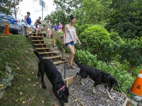 Kiyomi Kagawa and her dog Zero, walk down the staircase built by resident Adi Astl coming from Tom Riley Park, near Islington Ave. and Bloor St. W. in Toronto, Ont. on Tuesday July 18, 2017. Astl built the staircase for $550, the city said it would cost them between $65,000 to $150,000 to build. Ernest Doroszuk/Toronto Sun/Postmedia Network