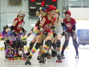 Maddison Fraleigh (13), (also know by her derby nickname "Diva Trasher" ) of the London Killer Cupcakes breaks from the pack to score four points during the Rock The Rainbow: London Middlesex Roller Derby's Annual Pride Bout at Medway Arena. The London Killer Cupcakes defeated the Sarnia Mini-Massacre by a score of 271-210. Fraleigh was named MVP of the junior girls division bout. (DEREK RUTTAN, London Free Press)