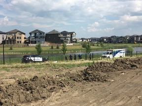 Edmonton Police Service officers speak with witnesses after a young girl was rescued from a man-made lake in the Crystallina Nera neighbourhood in the city's north on Saturday, July 22, 2017. Juris Graney