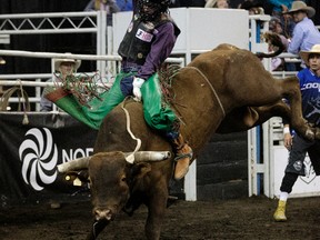 Bull rider Josh Frost rides Cage Fighter during the K-Days Rodeo on Sunday. (David Bloom)