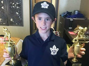 Carson Harmer, 10, of RR 1 St. Marys, had a thrill of a lifetime playing for a Toronto-based team in an elite invitational hockey tournament in Edmonton earlier this month. SUBMITTED