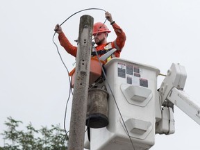 Taylor Bertelink/The Intelligencer
Tal Trees Power Services employee Colin Mercier changes the street lights to more efficient LED bulbs along North Front Street on Monday morning.