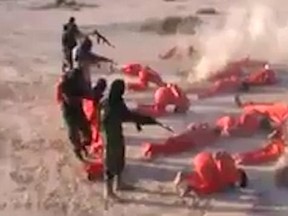 Shocking video emerging from Libya shows the 18 men in orange jumpsuits having their brains blown out in summary executions.