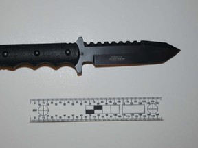 A 30-year old local man pulled a knife on off-duty officers, knife seen here, after an incident of road rage Friday morning. Supplied by Kingston Police
