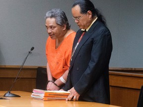 In this April 5, 2017, file photo, Peter Kema Sr., left, pleads guilty to manslaughter and first-degree hindering prosecution, in Hilo Circuit Court in Hilo, Hawaii, in the death of his son, Peter Kema Jr., also known as "Peter Boy," who went missing in 1997. Kema Sr. pleaded guilty to manslaughter in exchange for a 20-year sentence on the condition that he reveal the location of the child's remains. (Hollyn Johnson/Hawaii Tribune-Herald via AP, Pool, File)