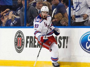 In this March 6, 2017, file photo, New York Rangers' Mika Zibanejad, of Sweden, celebrates his game-winning overtime goal during an NHL hockey game against the Tampa Bay Lightning, in Tampa, Fla. (AP Photo/Mike Carlson, File)