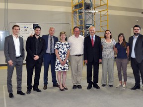 Reza Moridi, Ontario’s Minister of research, innovation and science, visited Cambrian College’s applied research team on July 19. Photo supplied