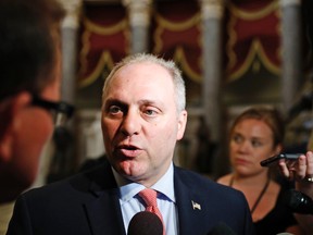In this May 17, 2017 file photo, House Majority Whip Rep. Steve Scalise of La., speaks with the media on Capitol Hill in Washington. Scalise, critically wounded in a shooting at a baseball practice last month, has been discharged from a Washington hospital. (AP Photo/Alex Brandon)