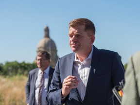 Brian Jean unveiled more of his leadership in front of the Legislature building in downtown Edmonton on July 26, 2017. Photo by Shaughn Butts / Postmedia