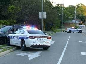 A hot SUV being driven by a 16-year-old collided with a police cruiser near Camilla Rd. and Cherry Post Dr., on Tuesday, July 26, 2017. (PASCAL MARCHAND/PHOTO)