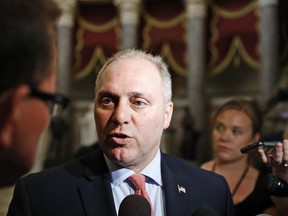 House Majority Whip Rep. Steve Scalise, of Louisiana, critically wounded in a shooting at a baseball practice last month, has been discharged from a Washington hospital on Wednesday, July 26, 2017. (Alex Brandon/AP Photo)