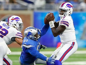 Kerry Hyder of the Detroit Lions knocks the ball free from quarterback Cardale Jones of the Buffalo Bills during the fourth quarter of the preseason game at Ford Field on Sept. 1, 2016. (Leon Halip/Getty Images)