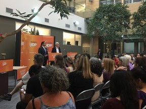 Wab Kinew, left, and Steve Ashton participate in a leadership debate in Winnipeg, on Wednesday. (Jason Friesen/Winnipeg Sun/Postmedia Network)