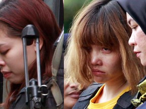 In this combination of March 1, 2017, file photos, Indonesian suspect Siti Aisyah, left, and Vietnamese suspect Doan Thi Huong, both suspects in the killing of Kim Jong Nam, North Korean leader Kim Jong Un's estranged half brother, are escorted out of court by police officers in Sepang, Malaysia. Two women accused of poisoning Kim in a bizarre airport assassination are expected to plead innocent when they appear in a Malaysian court on Friday, July 28, 2017. (AP Photo/Daniel Chan, File)