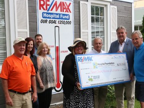BRUCE BELL/The intelligencer
Prince Edward County RE/MAX staff present Briar Boyce of the Prince Edward County Memorial Hospital Foundation with a cheque for $27,500 from the third annual Teeing Up Fore Health Care golf classic at Picton Golf and Country Club. The Re/MAX office has managed to raise $197.500 for the Foundation.