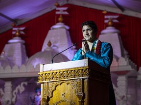 Prime Minister Justin Trudeau speaks as he visits the BAPS Shri Swaminarayan Mandir to celebrate the 10th anniversary of the Hindu temple in Mississauga, Ont., Saturday July 22, 2017. THE CANADIAN PRESS/Mark Blinch